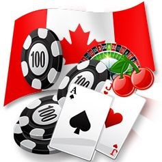 The Canadian flag with a roulette wheel, a perfect blackjack hand and chips